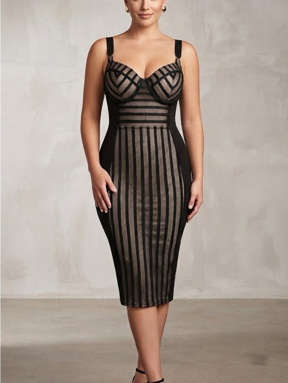 Fashion Nova Black and Nude Striped Sheath Midi Dress